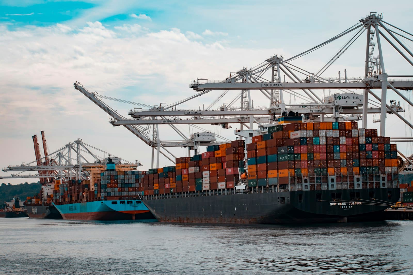 Container ships being loaded by cranes at a shipping terminal