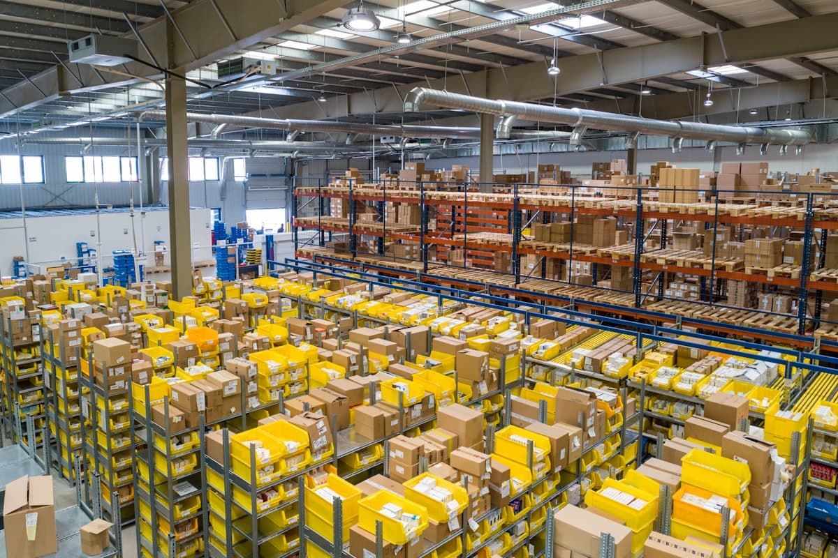 Warehouse shelves stocked with inventory